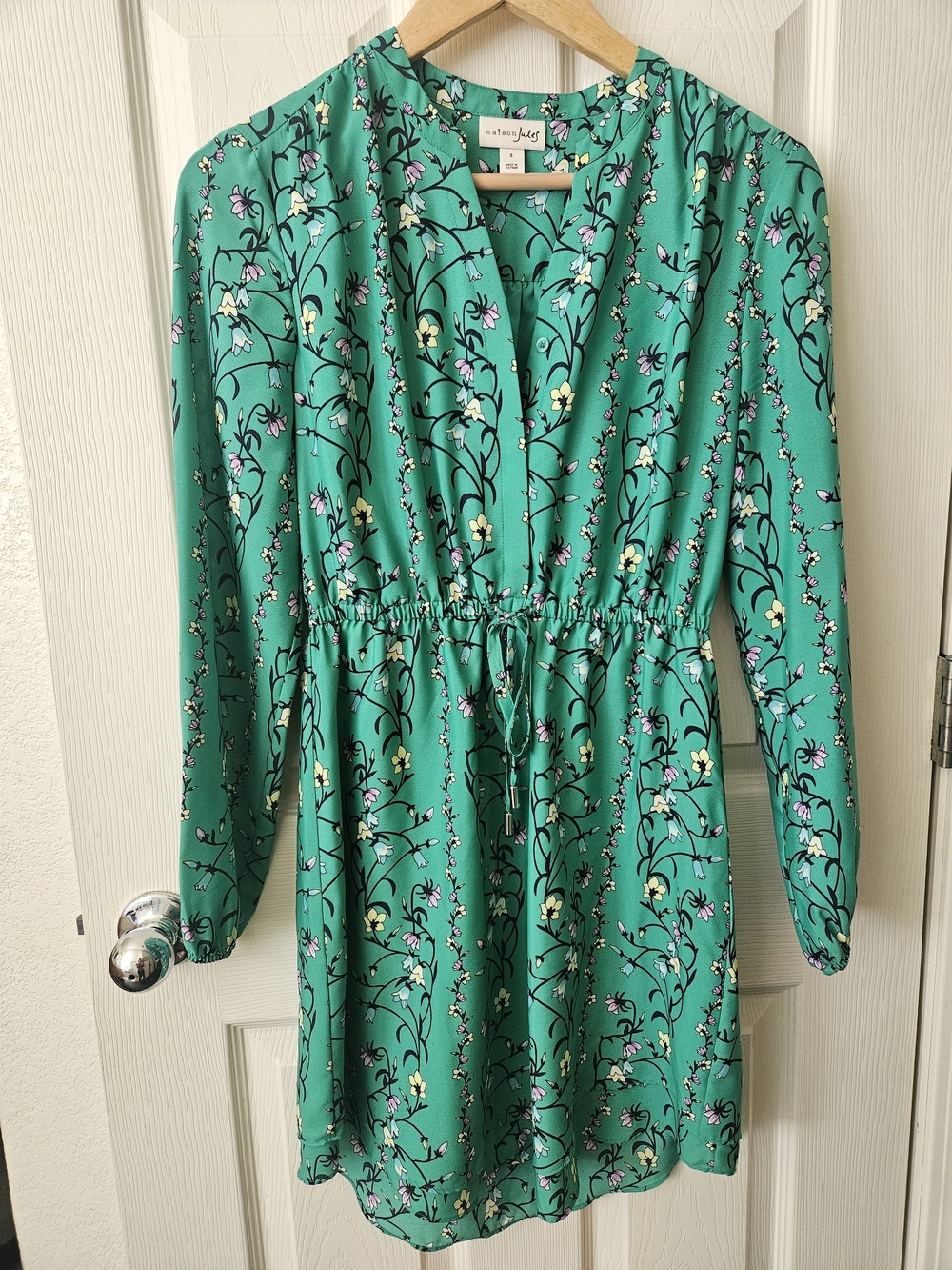 Maison Jules Green Floral Long-Sleeve Drawstring Waist Dress
